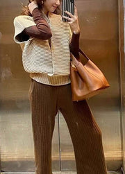 French Khaki V Neck Loose Knit Vest Tops Fall