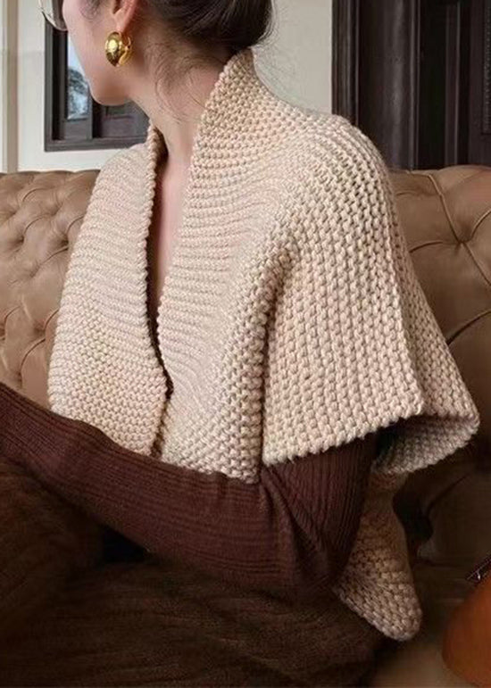 French Khaki V Neck Loose Knit Vest Tops Fall