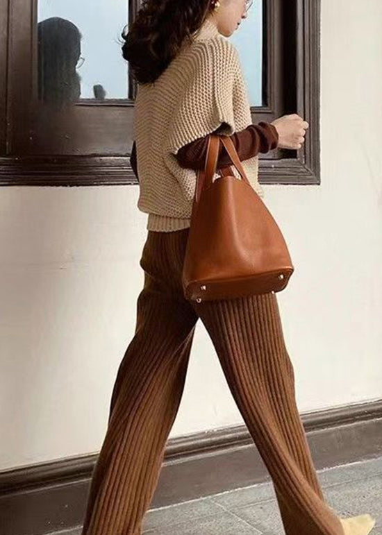 French Khaki V Neck Loose Knit Vest Tops Fall