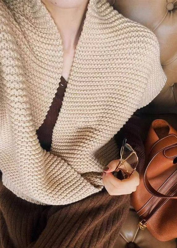 French Khaki V Neck Loose Knit Vest Tops Fall