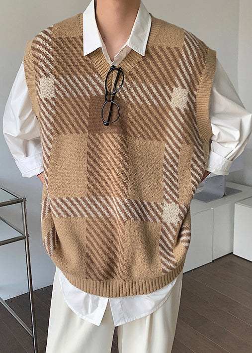 French Khaki V Neck Plaid Mens Knit Vest Sleeveless