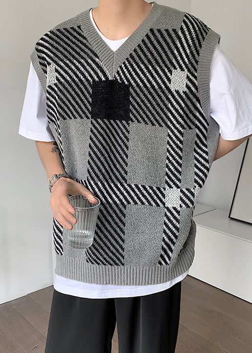 French Khaki V Neck Plaid Mens Knit Vest Sleeveless