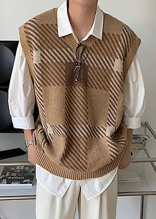 French Khaki V Neck Plaid Mens Knit Vest Sleeveless