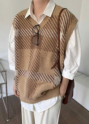 French Khaki V Neck Plaid Mens Knit Vest Sleeveless