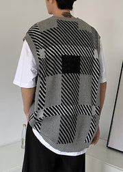 French Khaki V Neck Plaid Mens Knit Vest Sleeveless