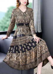 French Khaki V Neck Print Exra Large Hem Silk Dress Spring