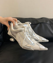 French Lace Up Splicing High Heels Silver Faux Leather