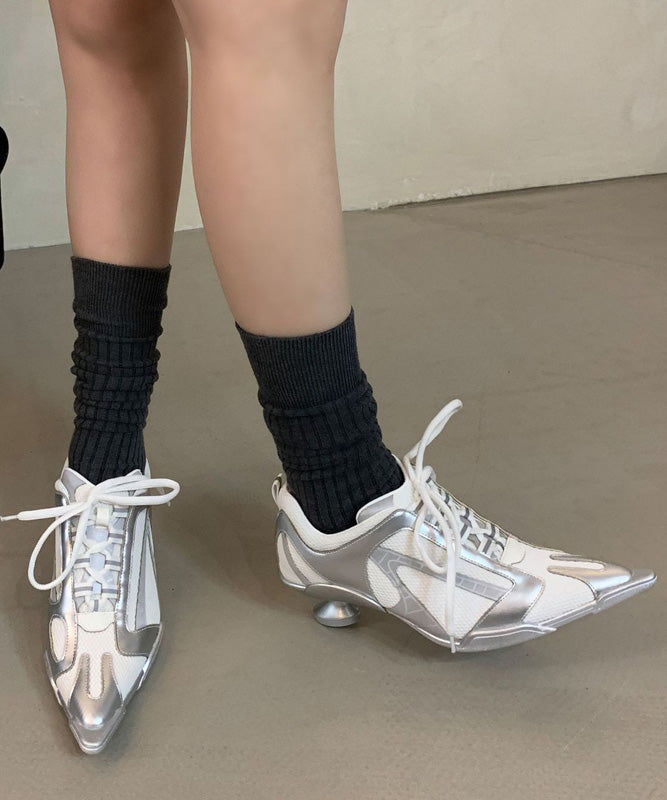 French Lace Up Splicing High Heels Silver Faux Leather