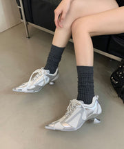 French Lace Up Splicing High Heels Silver Faux Leather