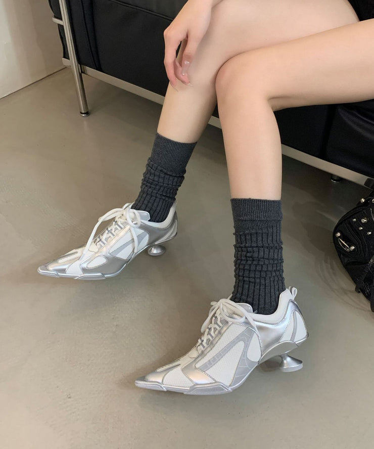 French Lace Up Splicing High Heels Silver Faux Leather