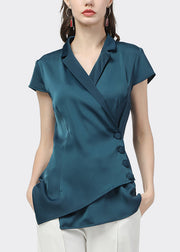 French Lake Blue Notched Asymmetrical Button Shirt Short Sleeve