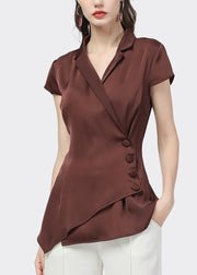 French Lake Blue Notched Asymmetrical Button Shirt Short Sleeve