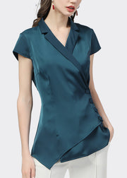 French Lake Blue Notched Asymmetrical Button Shirt Short Sleeve