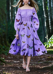 French Lavender Square Collar Butterfly Cotton Party Dresses Spring