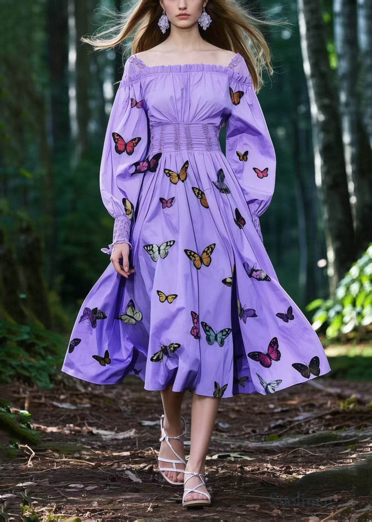 French Lavender Square Collar Butterfly Cotton Party Dresses Spring