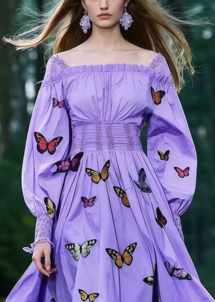 French Lavender Square Collar Butterfly Cotton Party Dresses Spring