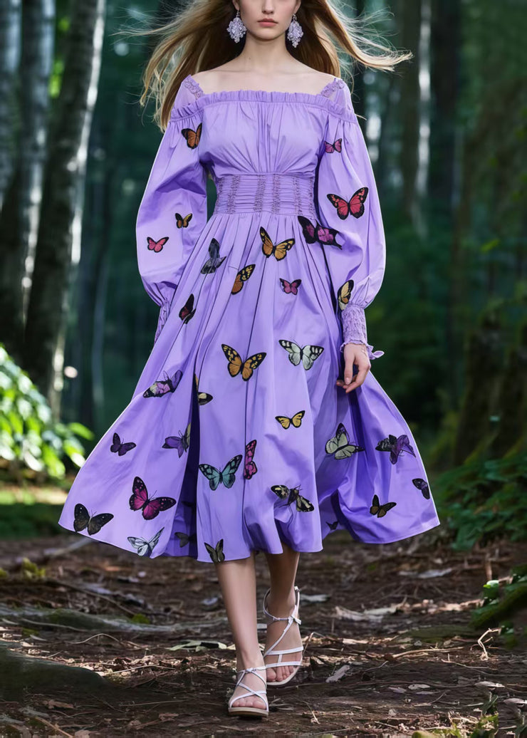 French Lavender Square Collar Butterfly Cotton Party Dresses Spring