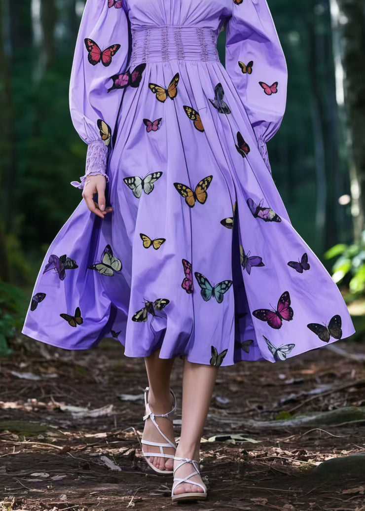 French Lavender Square Collar Butterfly Cotton Party Dresses Spring
