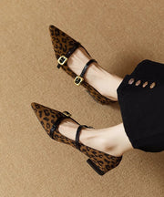 French Leopard Suede Flats Shoes Buckle Strap Pointed Toe