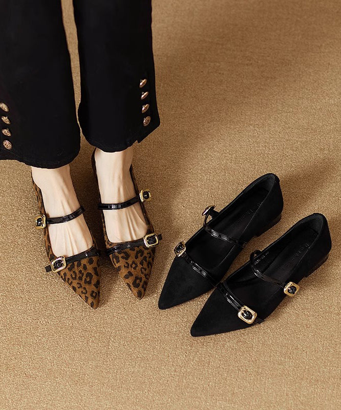 French Leopard Suede Flats Shoes Buckle Strap Pointed Toe