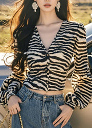 French Leopard V Neck Button Tops Lantern Sleeve