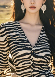 French Leopard V Neck Button Tops Lantern Sleeve