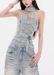 French Light Blue Original Design Backless Top Sleeveless