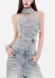 French Light Blue Original Design Backless Top Sleeveless