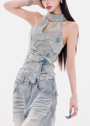 French Light Blue Original Design Backless Top Sleeveless