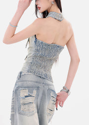 French Light Blue Original Design Backless Top Sleeveless