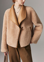 French Light Camel Fluffy Button Pockets Woolen Coat Winter
