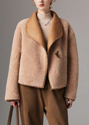 French Light Camel Fluffy Button Pockets Woolen Coat Winter