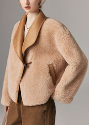 French Light Camel Fluffy Button Pockets Woolen Coat Winter