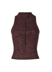 French Light Camel Half High Neck Print Tulle Tank Top Sleeveless