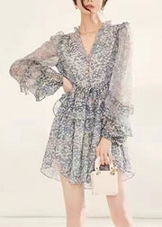 French Light Grey V Neck Ruffled Print Chiffon Mid Dress Fall