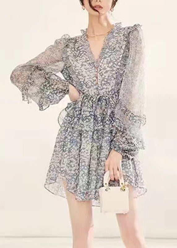 French Light Grey V Neck Ruffled Print Chiffon Mid Dress Fall