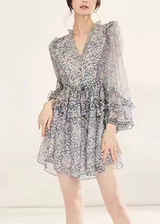 French Light Grey V Neck Ruffled Print Chiffon Mid Dress Fall