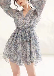 French Light Grey V Neck Ruffled Print Chiffon Mid Dress Fall