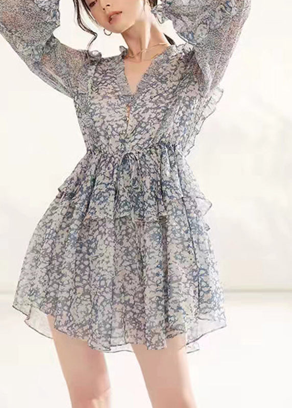 French Light Grey V Neck Ruffled Print Chiffon Mid Dress Fall