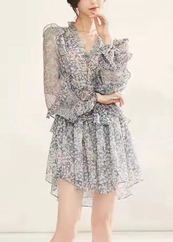 French Light Grey V Neck Ruffled Print Chiffon Mid Dress Fall