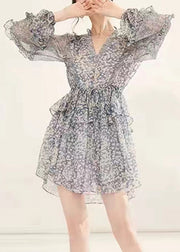 French Light Grey V Neck Ruffled Print Chiffon Mid Dress Fall