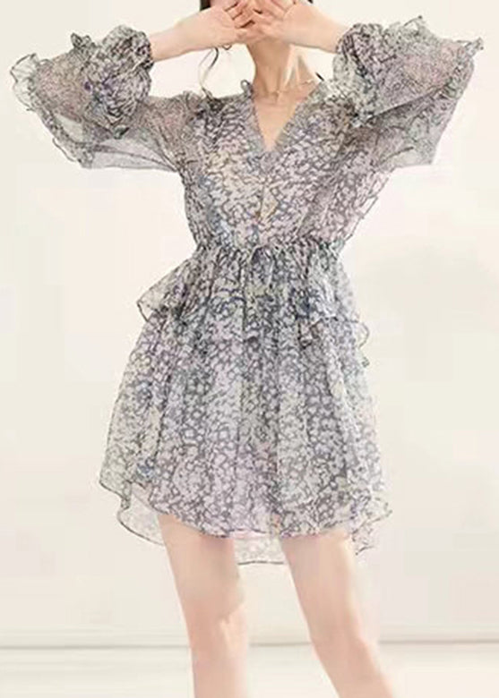 French Light Grey V Neck Ruffled Print Chiffon Mid Dress Fall