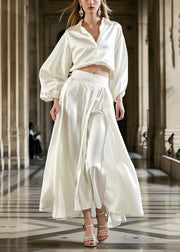 French Milk White Draping Fine Silk Two Piece Set Women Clothing Spring
