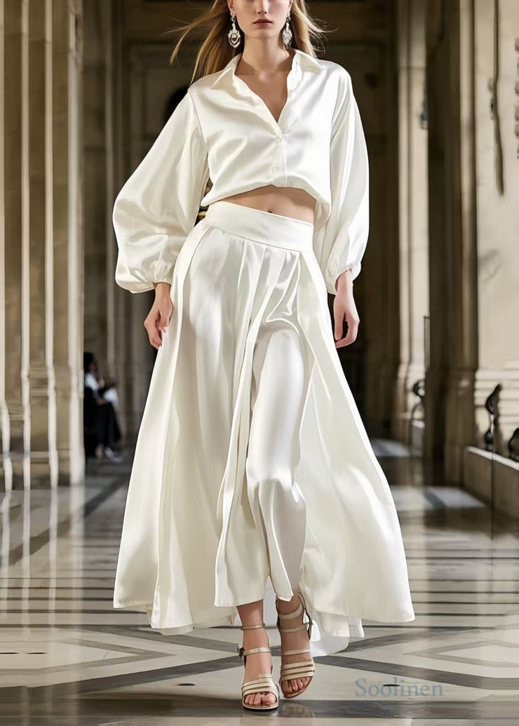 French Milk White Draping Fine Silk Two Piece Set Women Clothing Spring