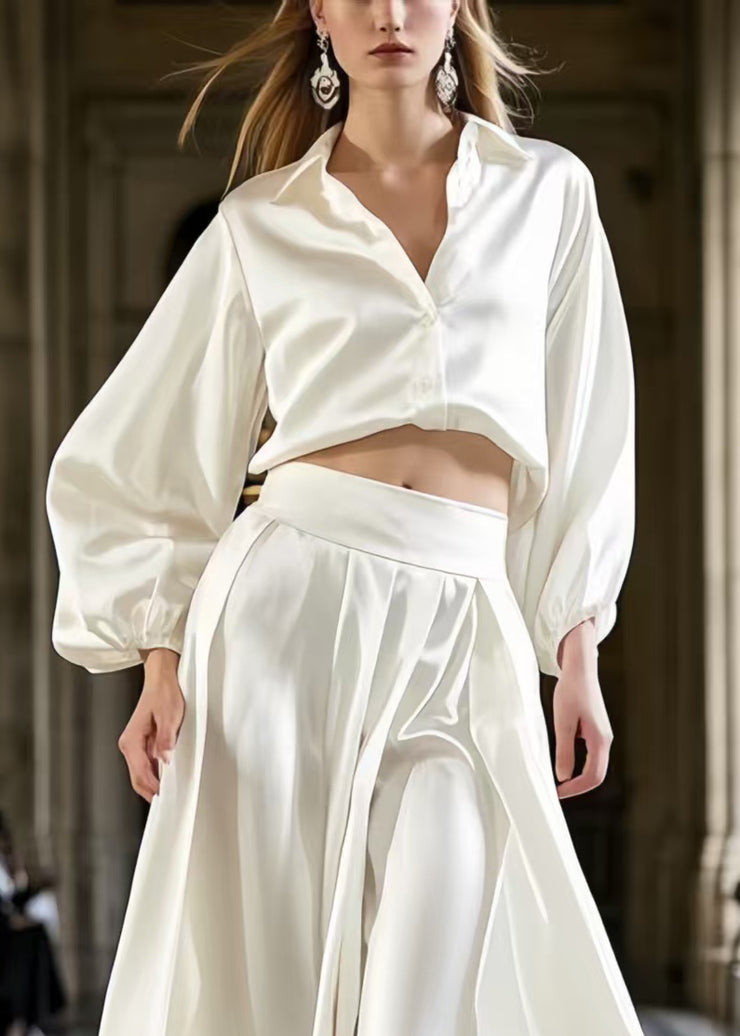 French Milk White Draping Fine Silk Two Piece Set Women Clothing Spring