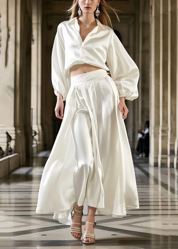 French Milk White Draping Fine Silk Two Piece Set Women Clothing Spring