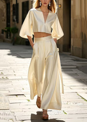 French Milk White Draping Ice Silk Womens 2 Piece Outfit Spring