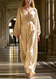 French Milk White V Neck Draping Silk Tunic Dress Spring