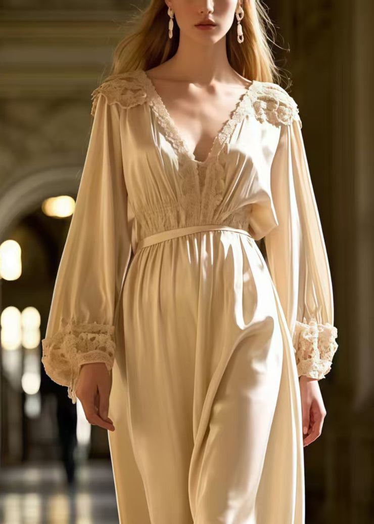 French Milk White V Neck Draping Silk Tunic Dress Spring