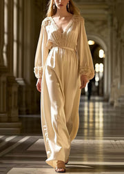 French Milk White V Neck Draping Silk Tunic Dress Spring